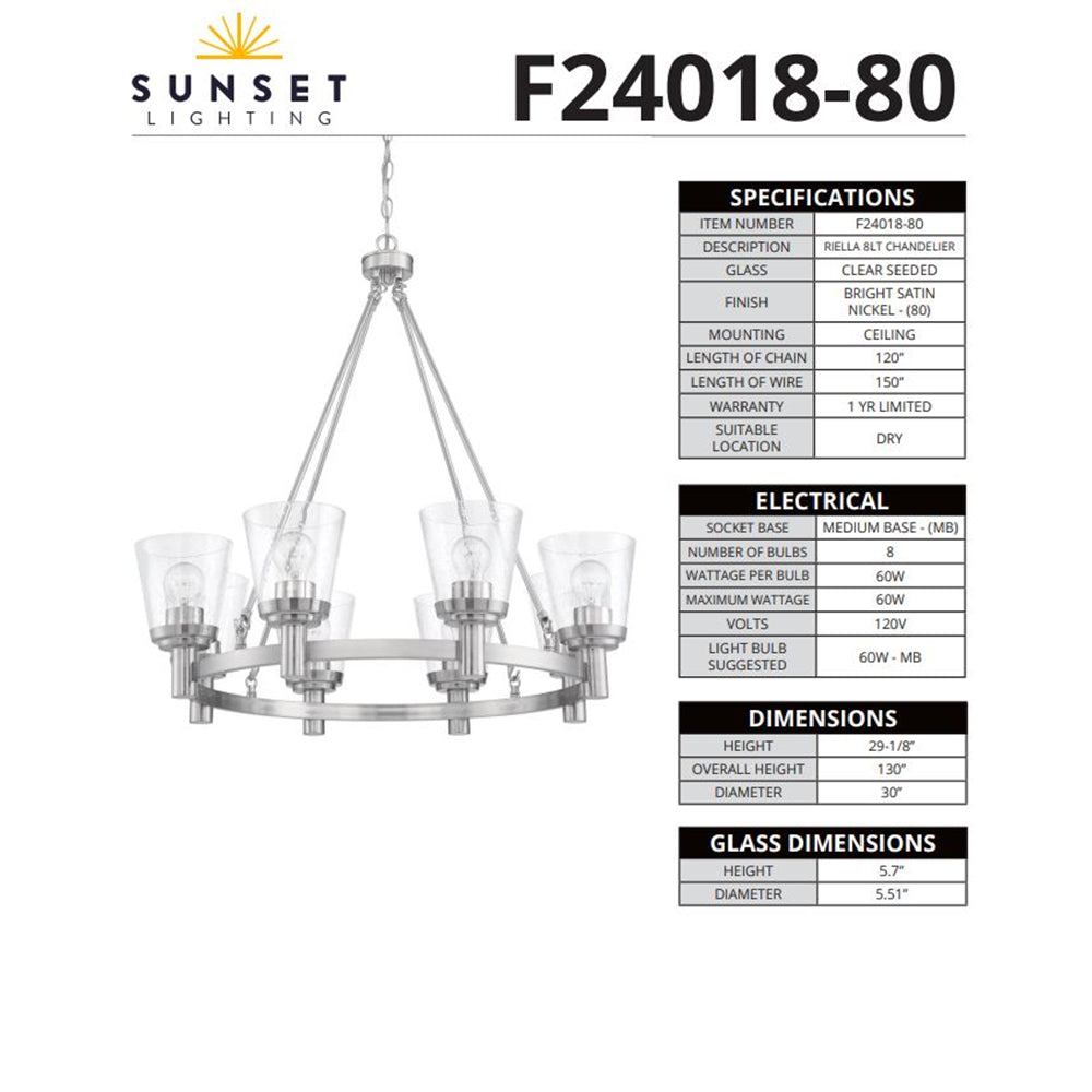 Sunset Lighting Riella 8-Light MB Chandelier Clear Seeded Glass Bright Satin Nickel F24018-80