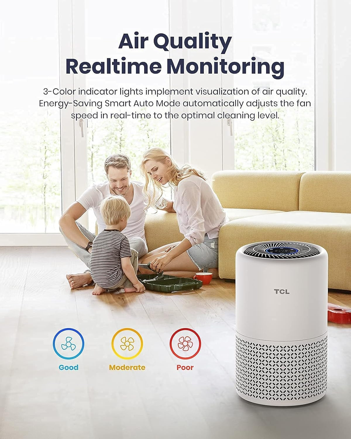 TCL Breeva A1C Air Purifier for Home, Bedroom, Up to 1015 ft², Auto Mode, H13 True HEPA Filter, Filter 99.97% Allergies, Smoke, Odor, Pet, Hair, Dust, Pollen, White (A1C14W)