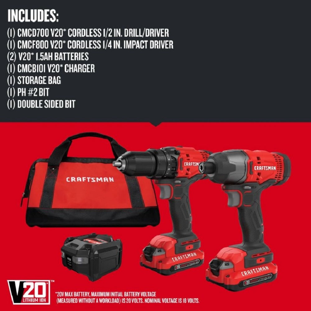 CRAFTSMAN V20 Cordless 2 Tool Combo Drill & Impact Kit w/ 2x 1.5 Ah Batteries and Charger CMCK200C2