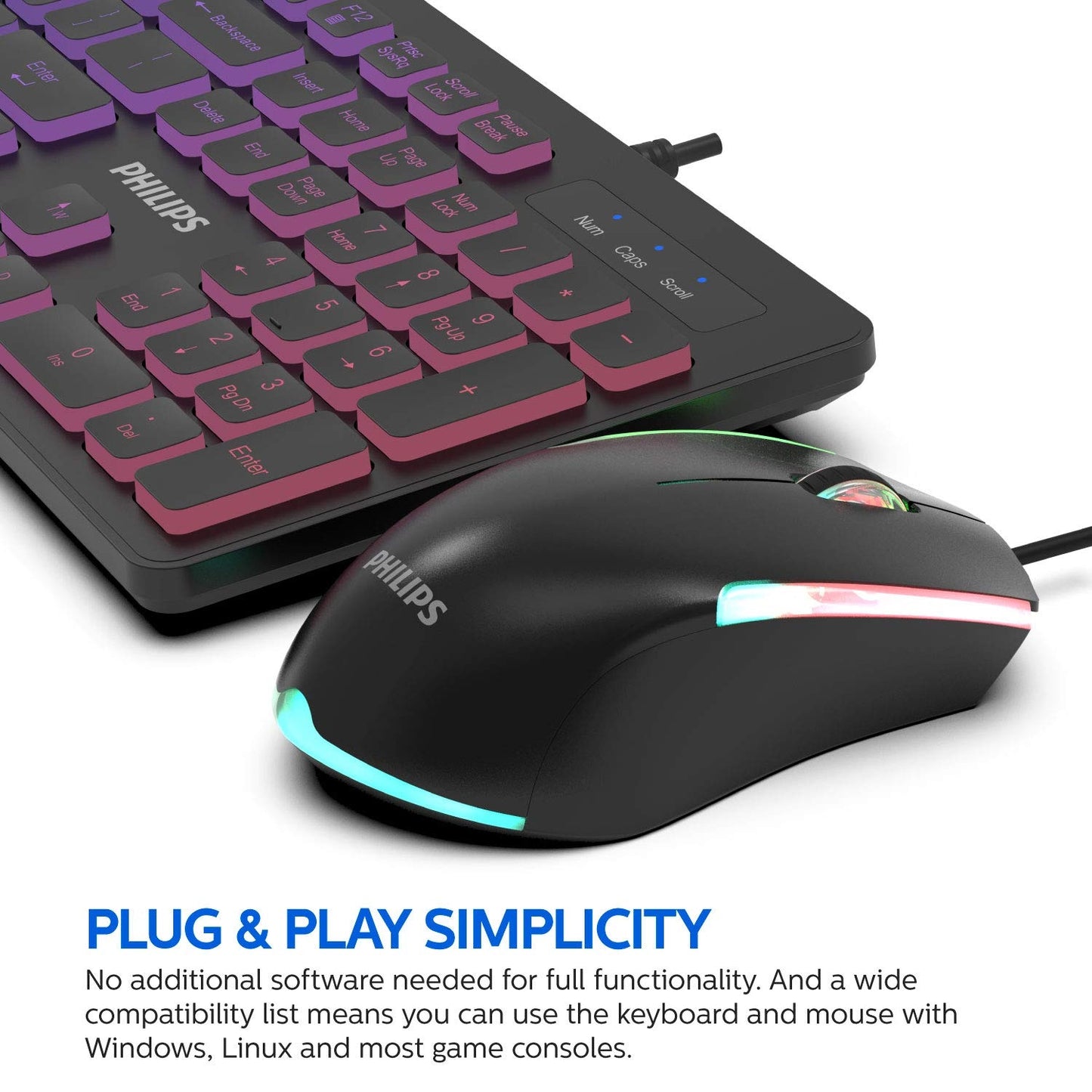 PHILIPS Wired Keyboard and Mouse Combo | LED Keyboard + Ambidextrous RGB Optical Mouse SPT8264