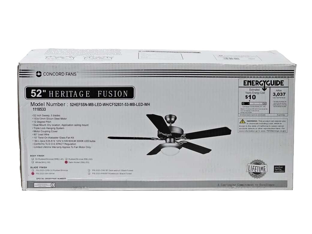 Concord Heritage Home 52" Satin Nickel LED Indoor Ceiling Fan Light Kit 5-Blade 52HEF5SN-MB-LED