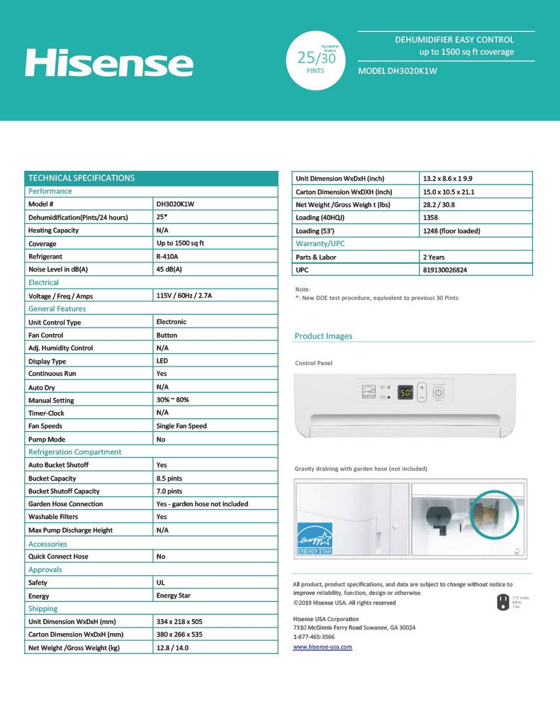 Hisense 25-Pint 1-Speed 1,500 sq. ft. Dehumidifier, 1500 sq ft, 115v, DH3020K1W