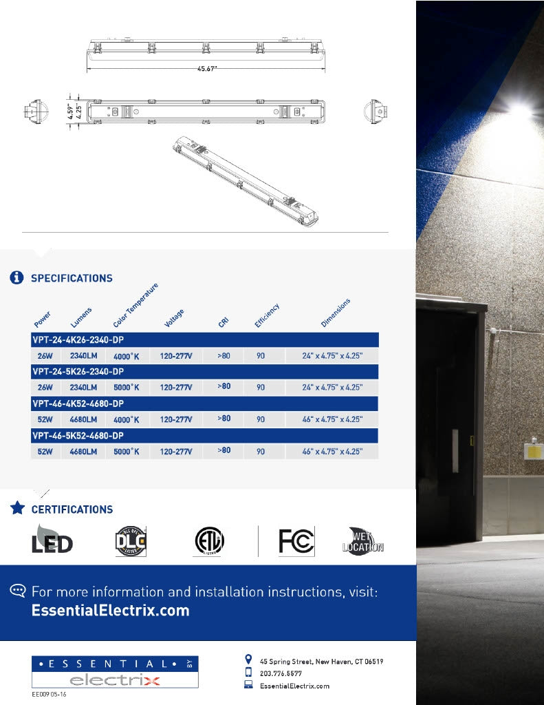 Elecrtrix 46" LED Polycarbonate Vapor Tight Fixture 4680LM VPT-46-4K52-4680-DP