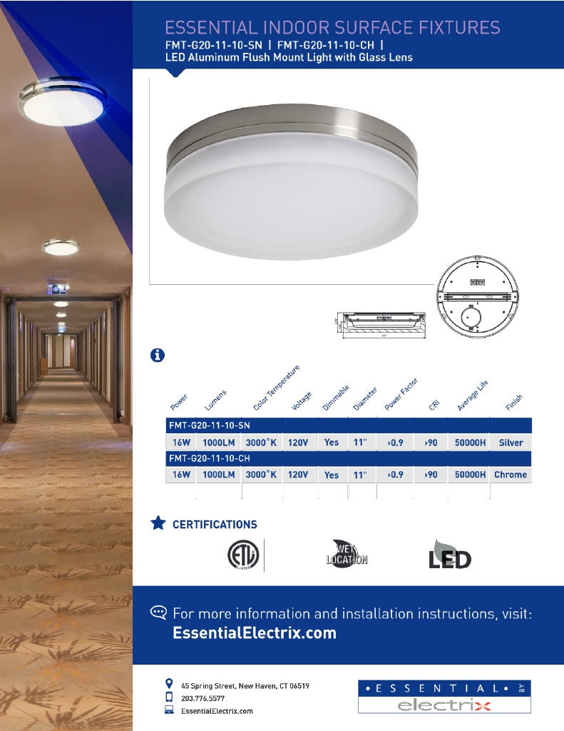 Elecrix 11" LED Flush Mount Light Glass Silver 1000LM 16W 3000K FMT-G20-11-10-SN
