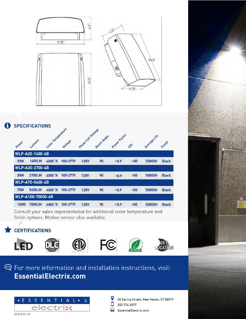 Electrix LED Adjustable Wall Pack 20W 1400lm IP65 rated Wet Locations 100-277V