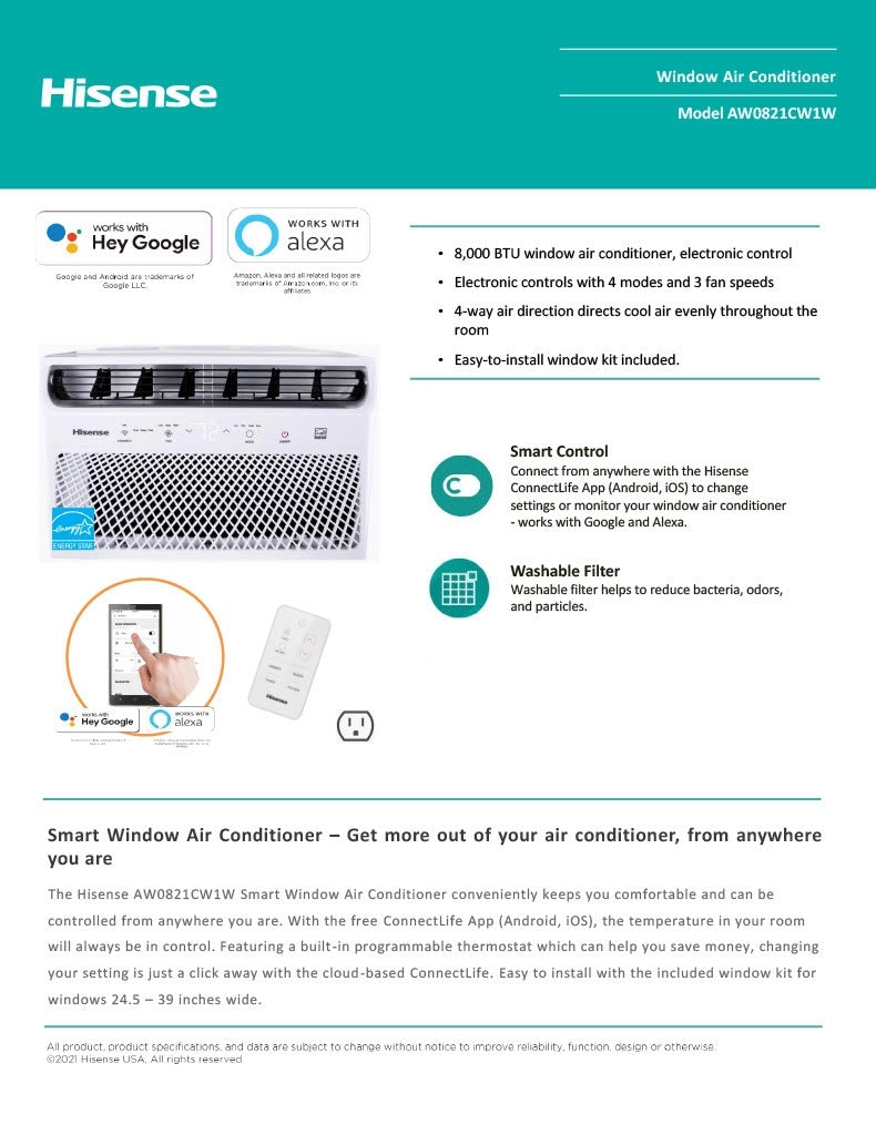 Hisense Window Air Conditioner with WI-FI, 8,000 BTU, 350-Sq.Ft, 3 Modes - cooling, fan, and dehumidifier, Elegant touch control / 4-way air direction - AW0821CW1W