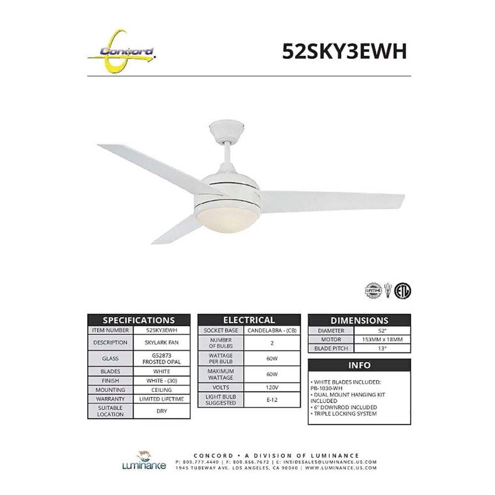Concord 52" Skylark Modern White Ceiling Fan w/ Wall control, White Finish 52SKY3EWH