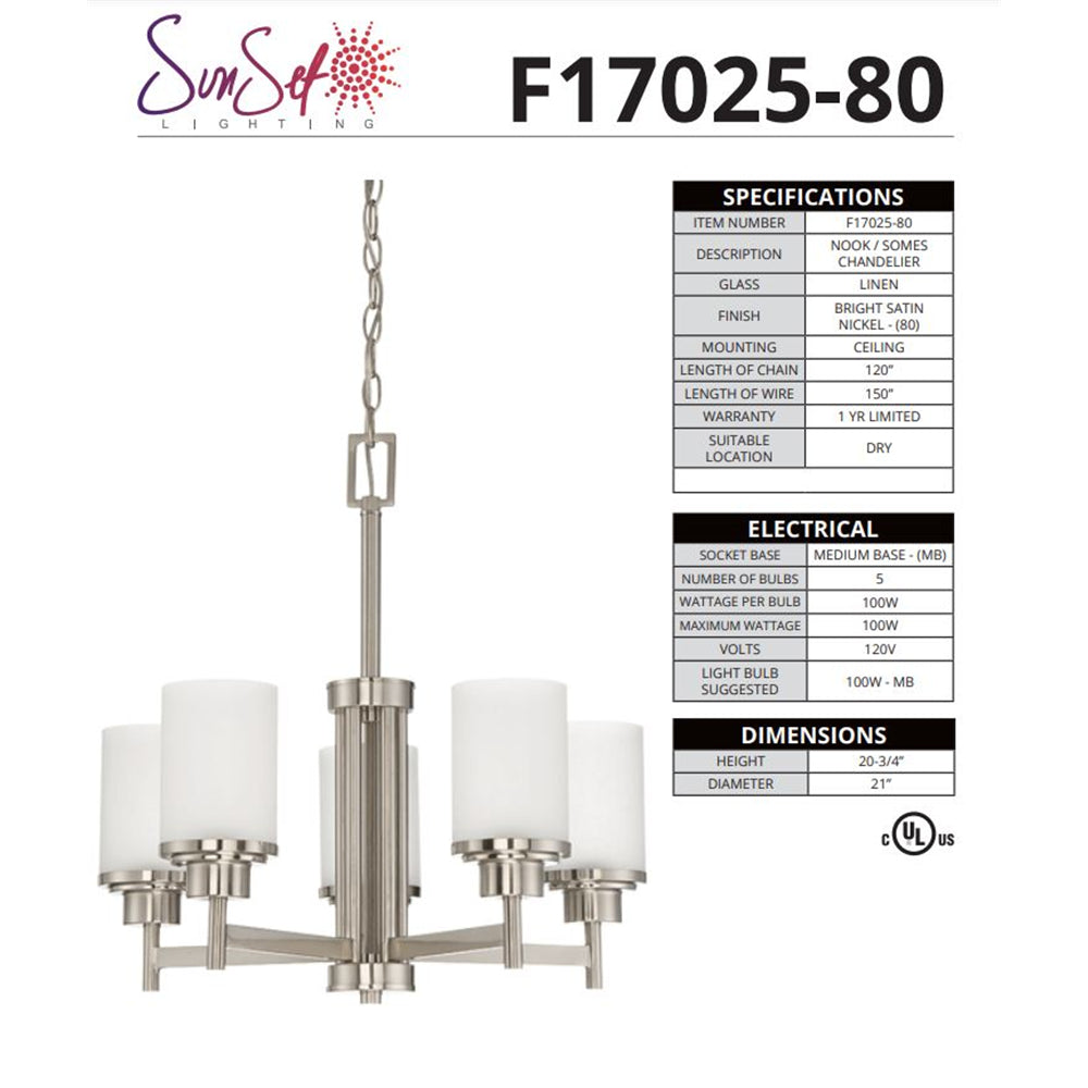 Sunset Lighting F17025-80 Somes Five Light Chandelier Linen Glass, Dimmable With Bright Satin Nickel Finish