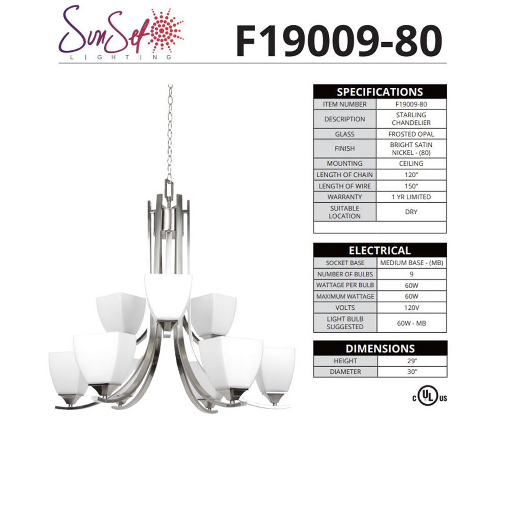 Sunset Lighting Starling 9-Light 2-Tier Chandelier 60W Satin Nickel Finish - F19009-80