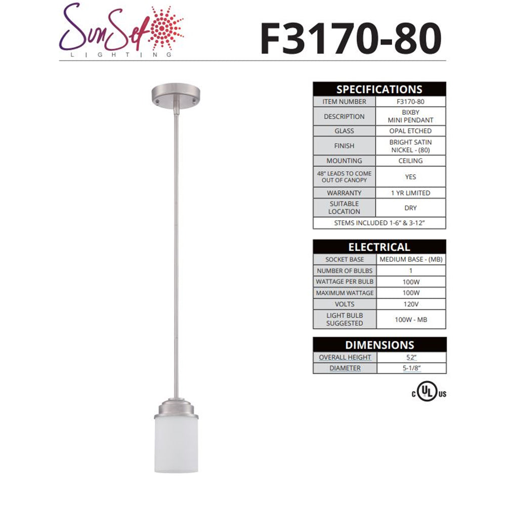 Sunset Lightning Bixby 1-Light 100W Mini Pendant Bright Satin Nickel F3170-80