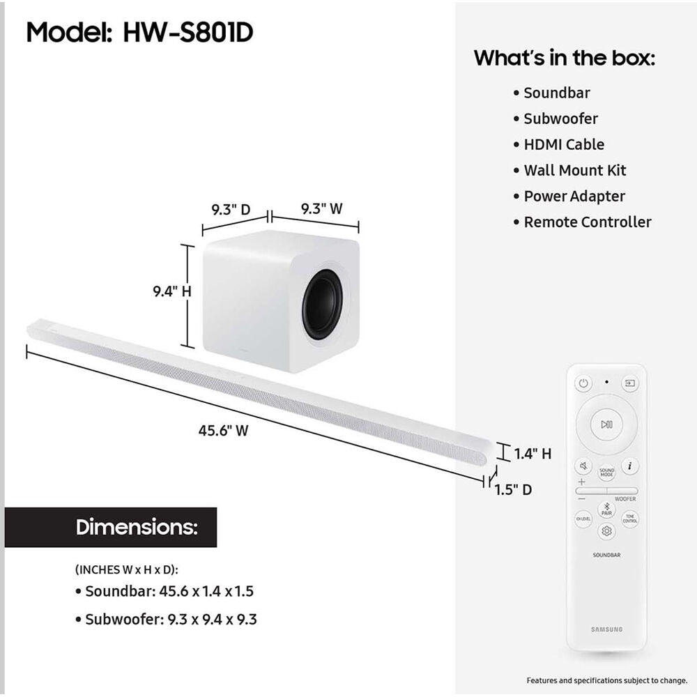 Samsung HWS801D Ultra-slim 3.1.2ch Wireless Dolby ATMOS Soundbar w/ Q-Symphony - HW-S801D/ZA