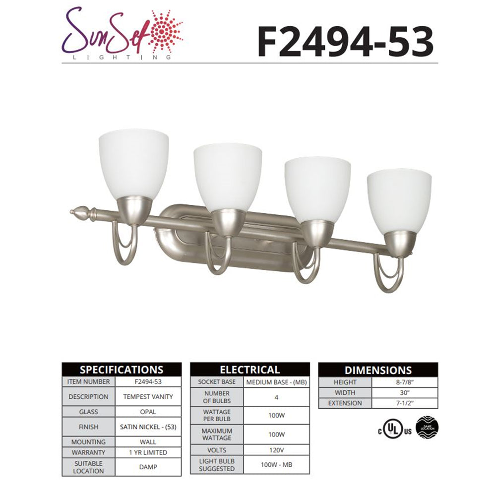 Sunset Lighting 30" 4-light Vanity Opal Glass, Satin Nickel Finish - F2494-53