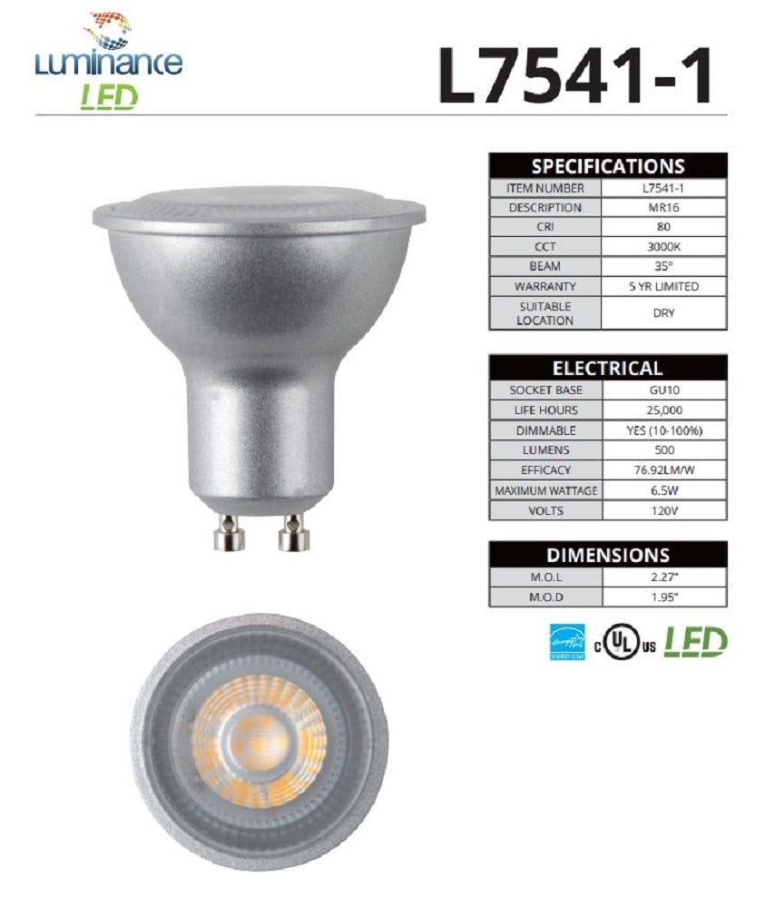 Luminance L7541-1 GU10 6.5W 3000K 500LM LED MR16 Light Bulb-Suitable for Dry Locations-6.5W