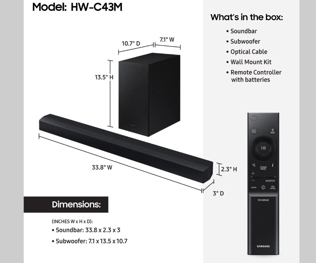 Samsung 2.1Ch 210W Soundbar with Wireless Subwoofer Black HW-C43M