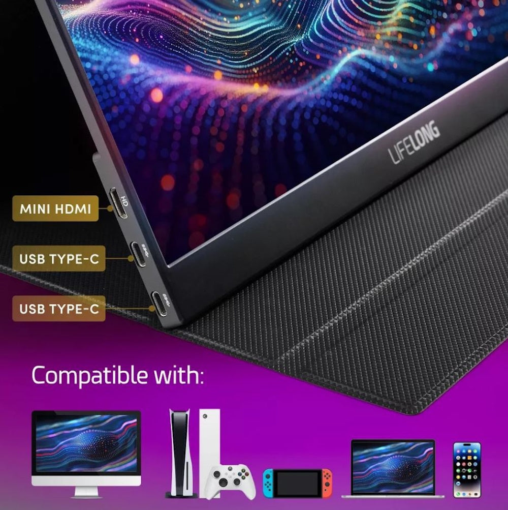 Lifelong 1920 x 1080 15.6" 1080P Portable Monitor G70-T: IPS, Built-In Speakers, 60Hz, HDMI & USB-C