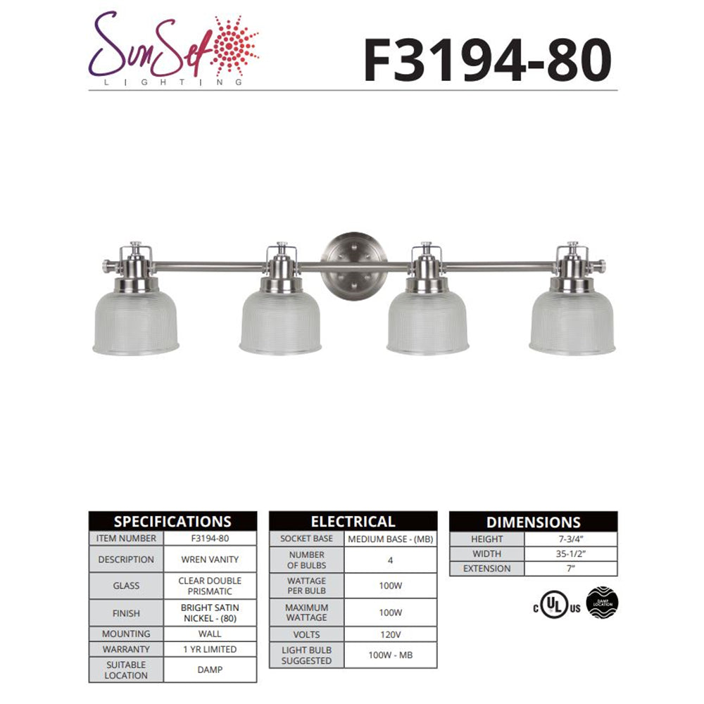 Sunset Lighting 4-Light 100W Mb Wren Vanity Bright Satin Nickel F3194-80