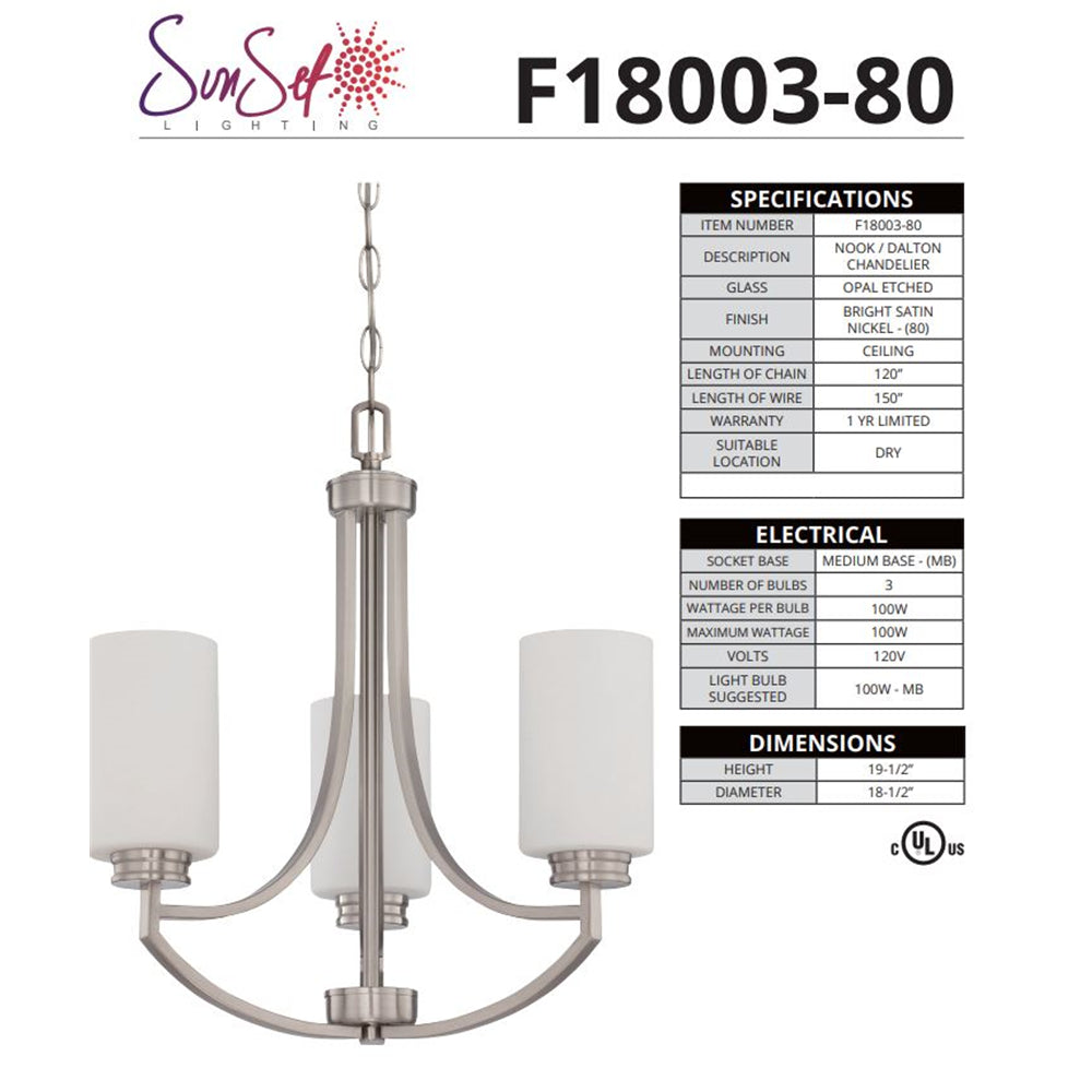 Sunset Lighting Dalton 3-Light Chandelier Opal Etched Glass Bright Satin Nickel Finish F18003-80