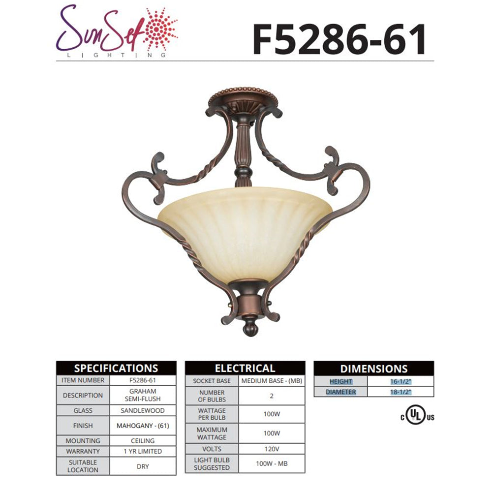Sunset Lighting Graham 2-Light Semi-Flush Mount 100W Mahogany - F5286-61