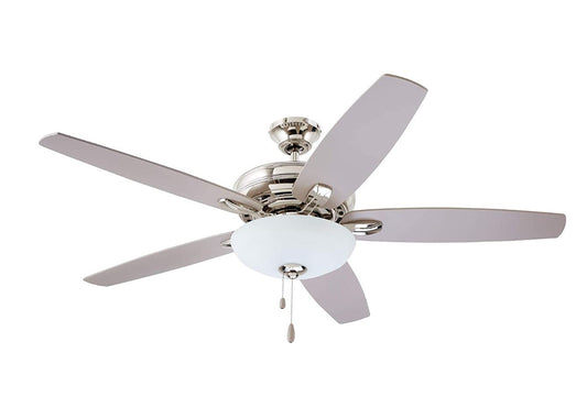 kathy ireland HOME Ashland LED Ceiling Fan with Light Kit | 52 Inch Fixture with 5 Blades, Removable Glass Shade, and Pull Chain | Low Profile Hugger with Dual Mount and Downrod, Polished Nickel