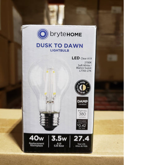 Brytehome LED Filament Light bulb A19 3.5W 2700K 380LM 40W build in ON/ OFF Photo Sensor 10pack L7783-27K