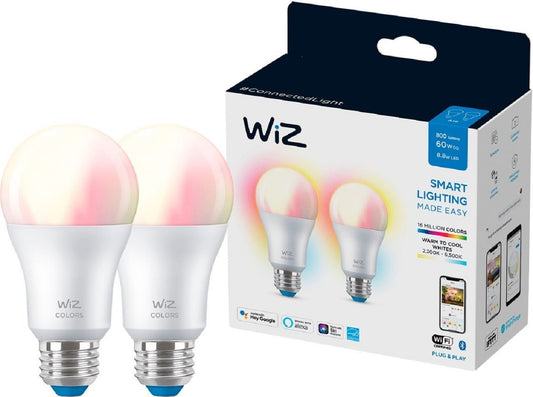 WiZ 60W A19 Color LED Smart Bulb - Pack of 2 - E26- Indoor - Connects to Your Existing Wi-Fi - Control with Voice or App + Activate with Motion - Matter Compatible