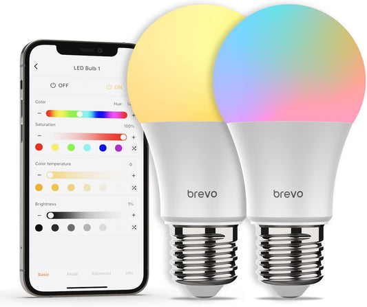 Brevo Bluetooth Mesh Smart LED Light Bulbs, 7.5W 730 Lumens 60W Equivalent, 2700k to 6500k Tunable White, A19 E26, 2 Pack - JDWBULB5W