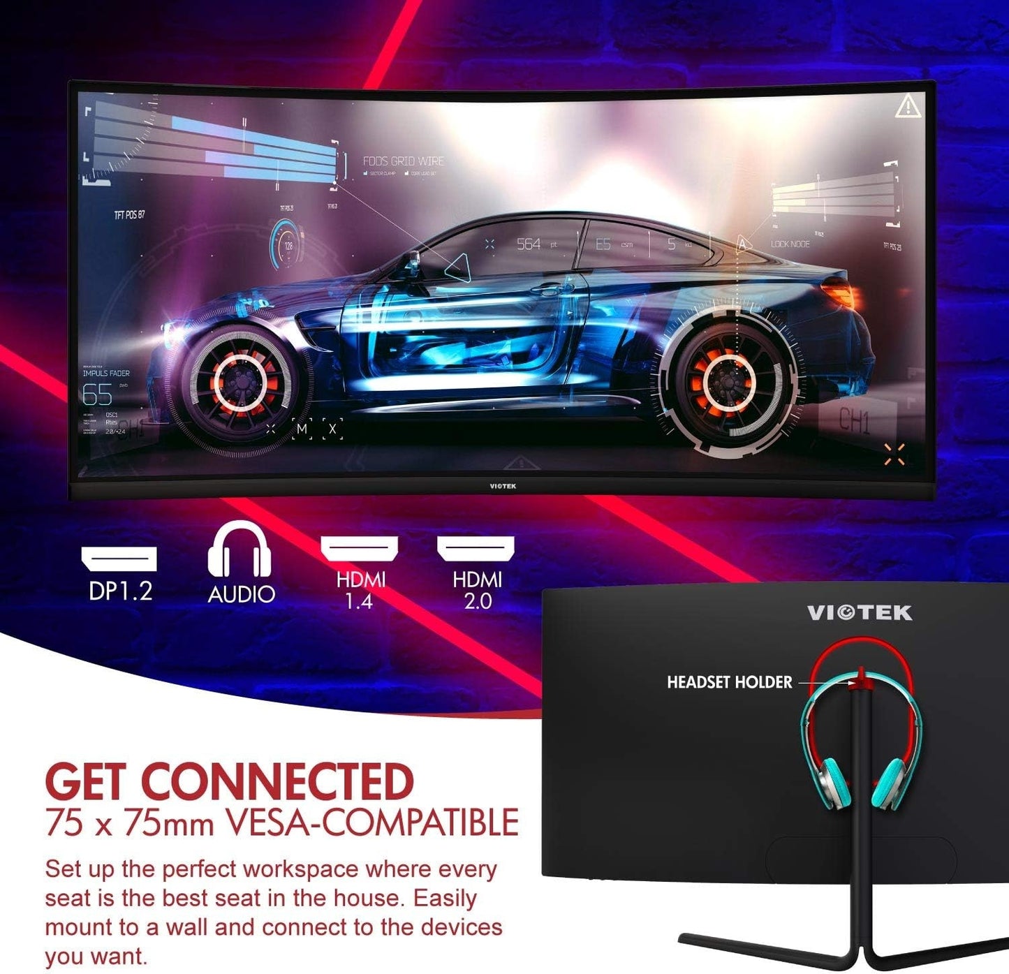 Viotek 34" LED Monitor GNV34DB 100Hz 1440p Gaming Monitor, Curved 1500R, 3 HDMI - GNV34DB