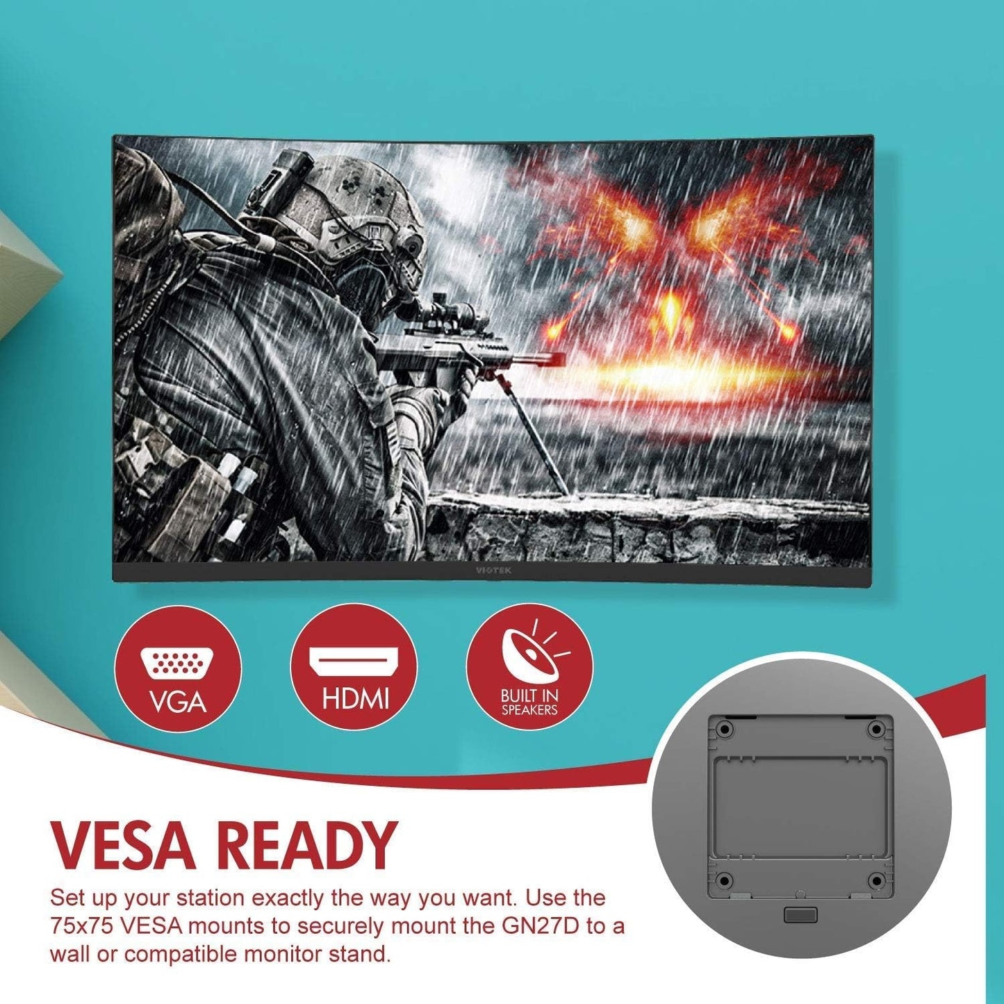 Viotek GN27DW 27" Curved Gaming Monitor, 1440p 144Hz VA Panel, FreeSync GamePlus FPS/RTS – VESA White, Monitor Ports: 1x DispalyPort 1.2, 1x HDMI 2.0, and 1x HDMI 1.4 port.
