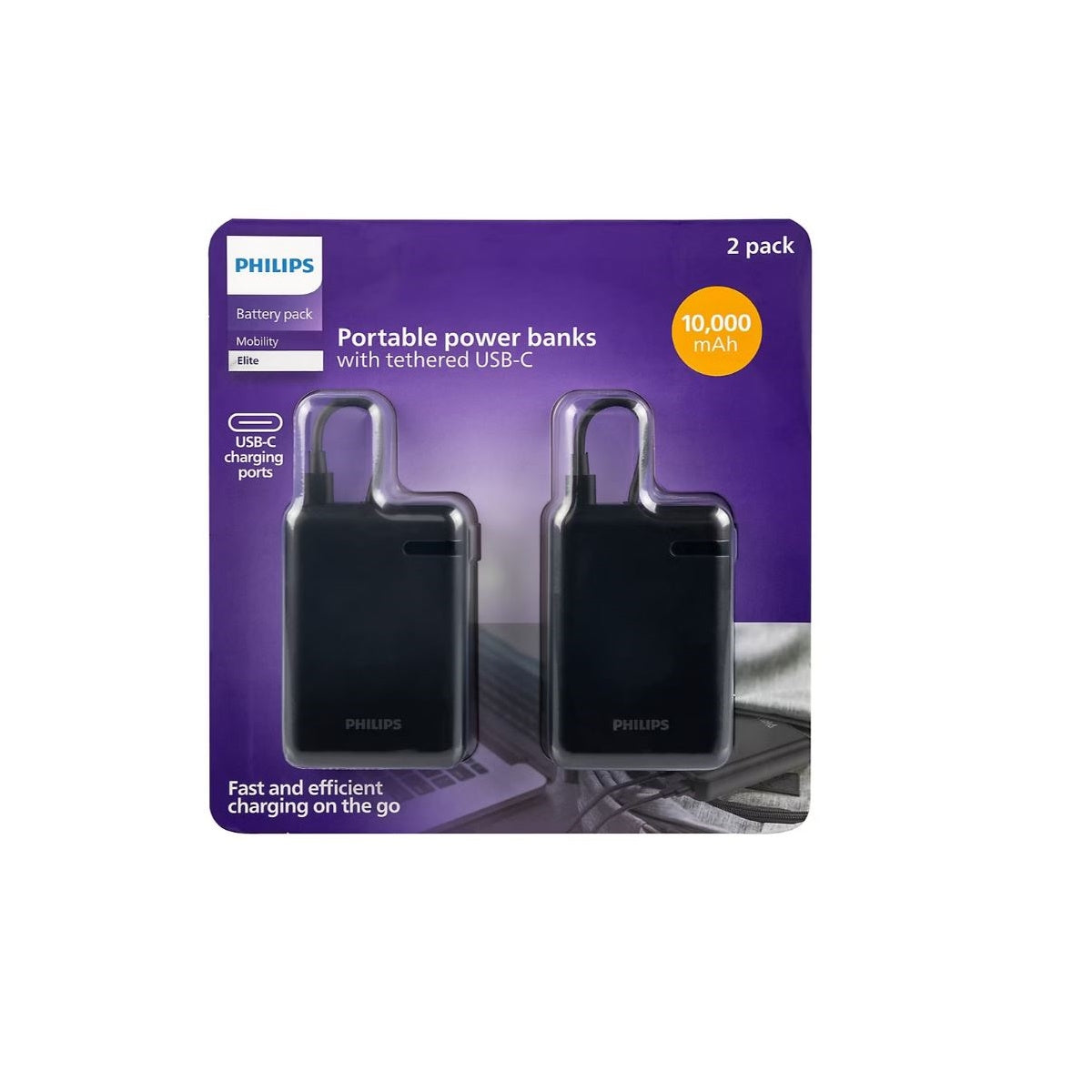 Philips Battery Pack, 1 USB-C, 15W, 1 Tethered USB-C Cable