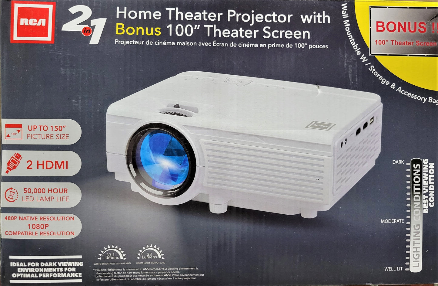 RCA 480P LCD HD Home Theater Projector w/ Bonus 100" Fold up Projector Screen RPJ161-COMBO