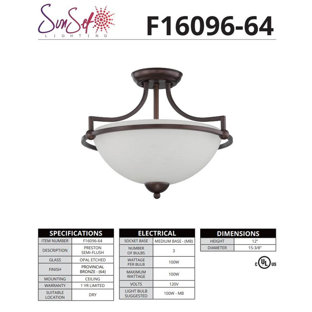 Sunset Lighting Preston 3-Light 20-1/2" Wide Semi-Flush Bowl Ceiling Fixture F16096-64