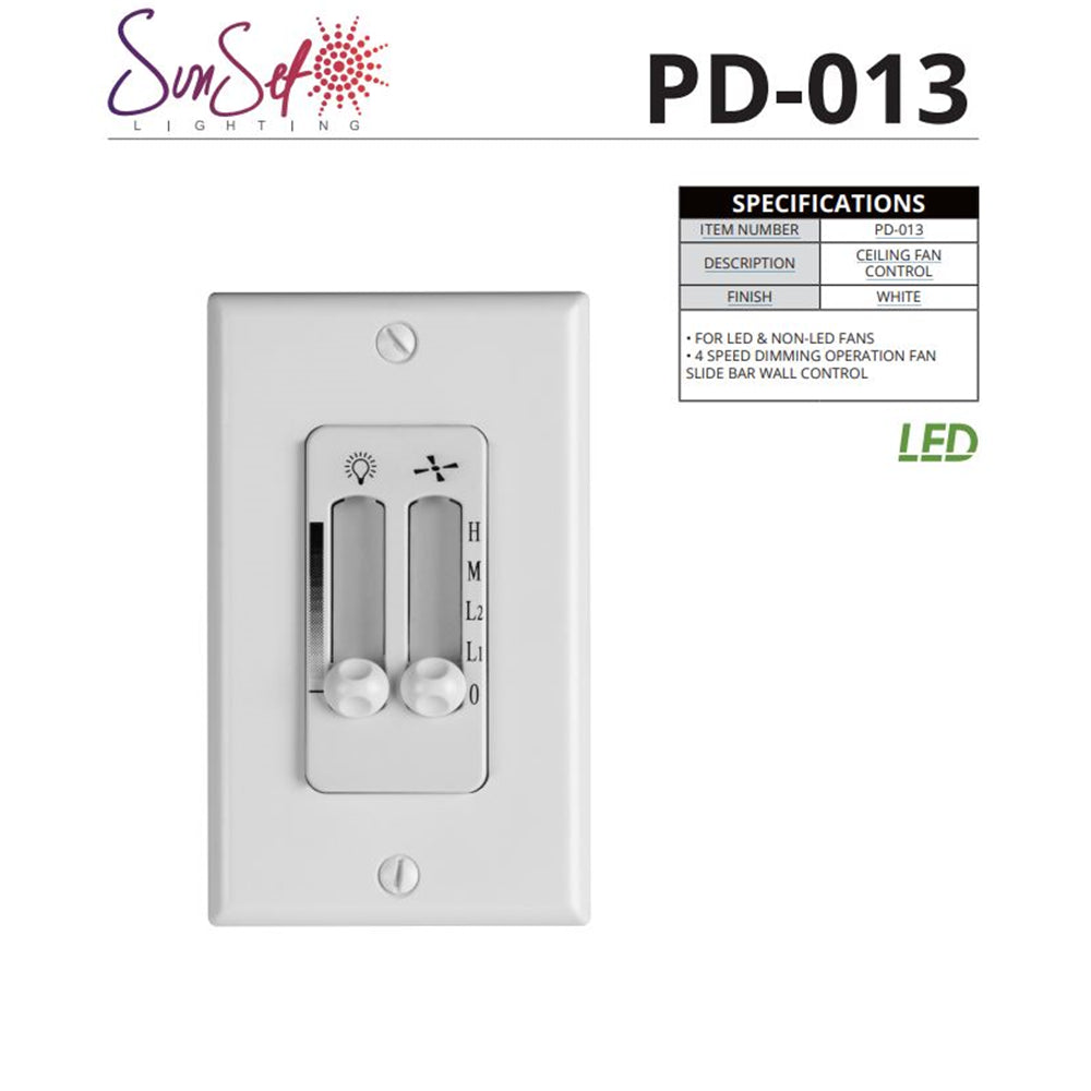 Sunset White 4-Speed Ceiling Fan Wall Control w/ LED Dimmer Light Switch Wall Face Plate Included PD-013