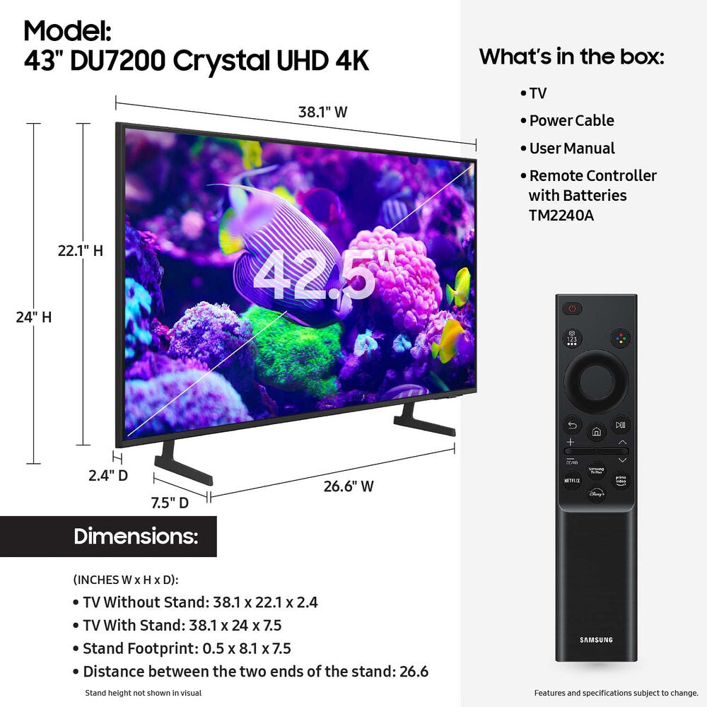 Samsung DU7200 Series 43" 4K HDR Smart LED TV UN43DU7200FXZA