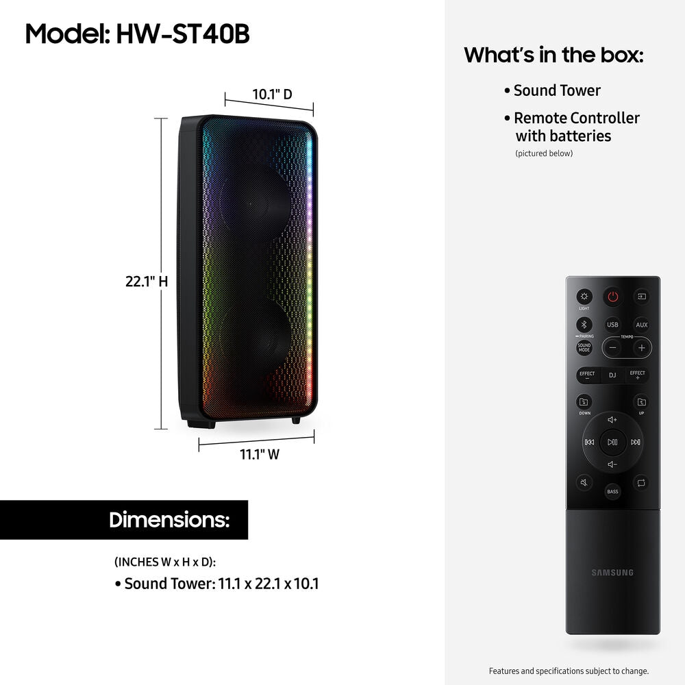 SAMSUNG MX-ST40B Sound Tower High Power Audio, 160W Floor Standing Speaker, Bi-Directional Sound, Built-in Battery, IPX5 Water Resistant