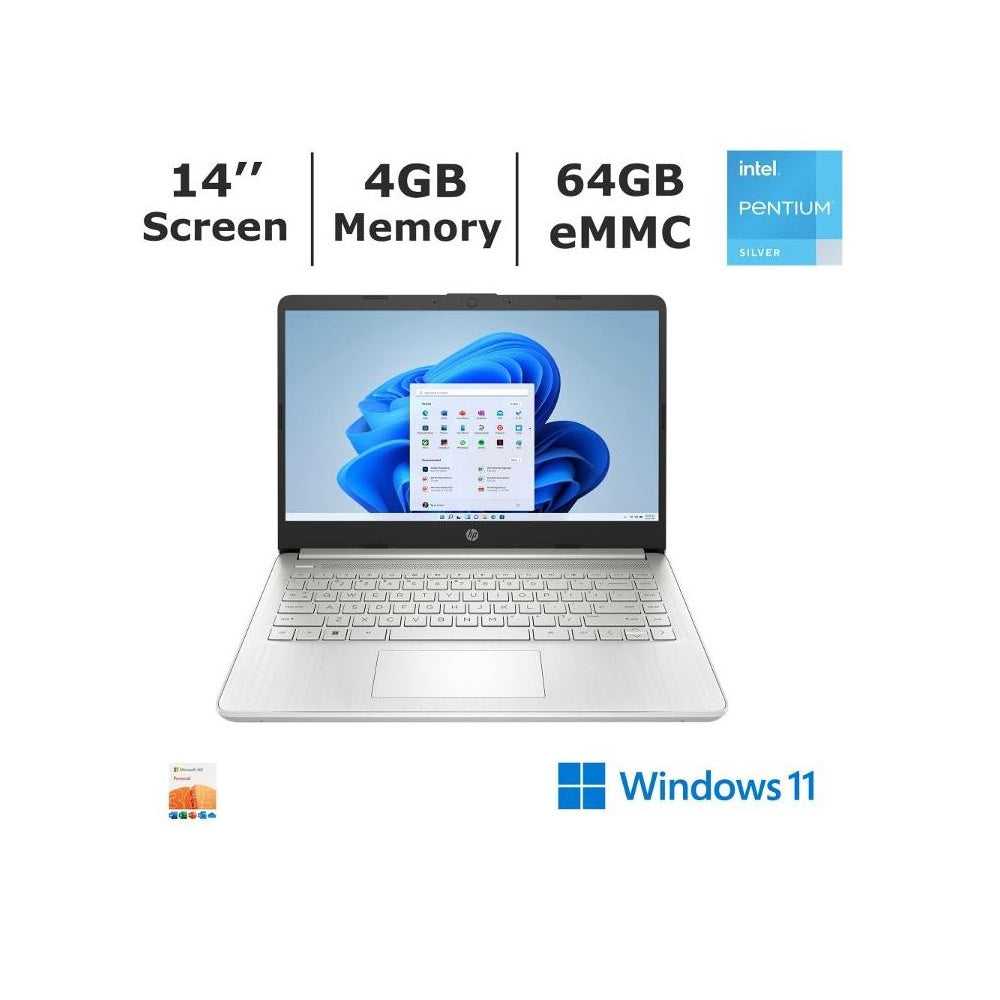 HP 14-DQ0075nr Laptop, Intel Pentium Silver N5030 Processor, 4GB Memory, 64GB eMMC Win 11 Home AJ1U7UA
