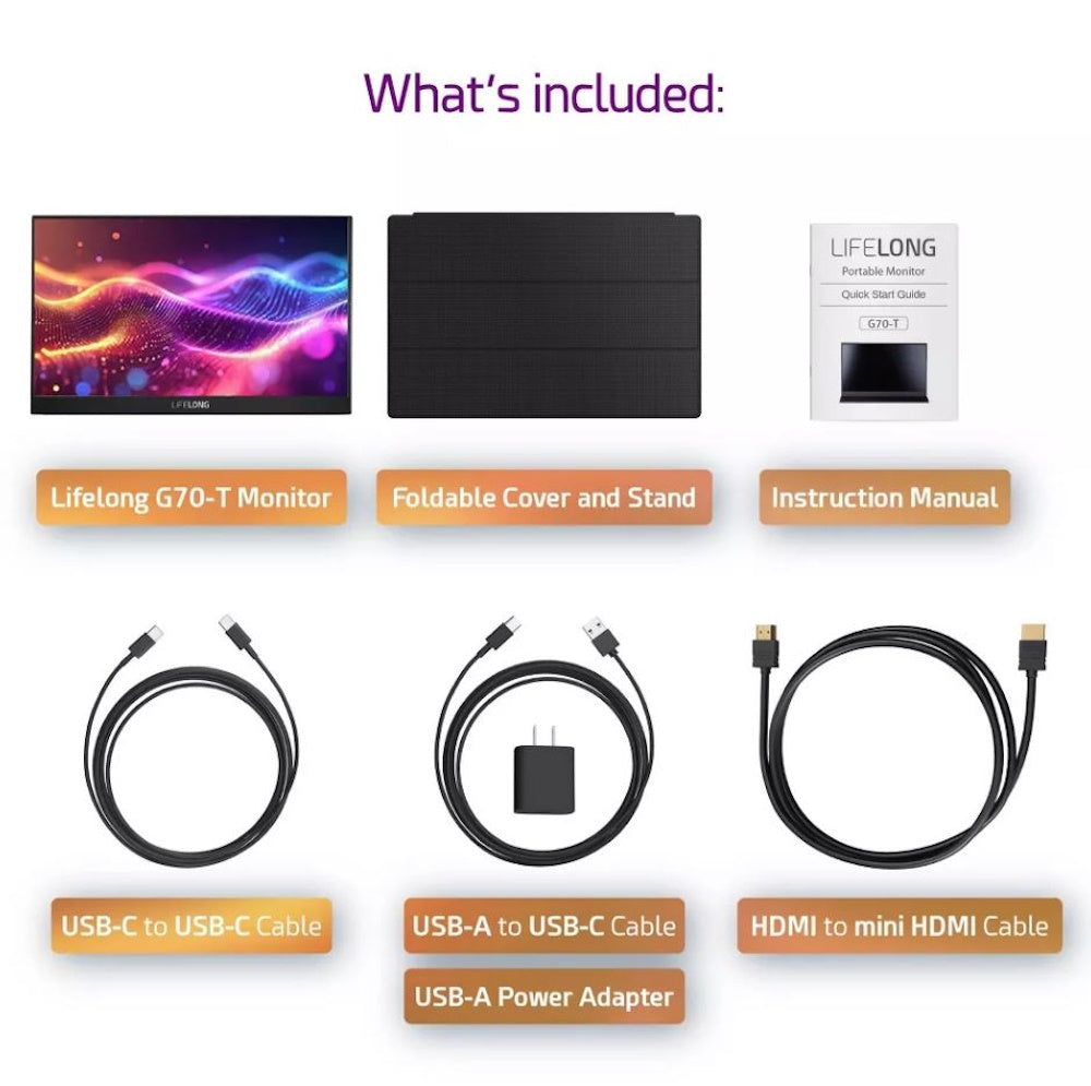Lifelong 1920 x 1080 15.6" 1080P Portable Monitor G70-T: IPS, Built-In Speakers, 60Hz, HDMI & USB-C