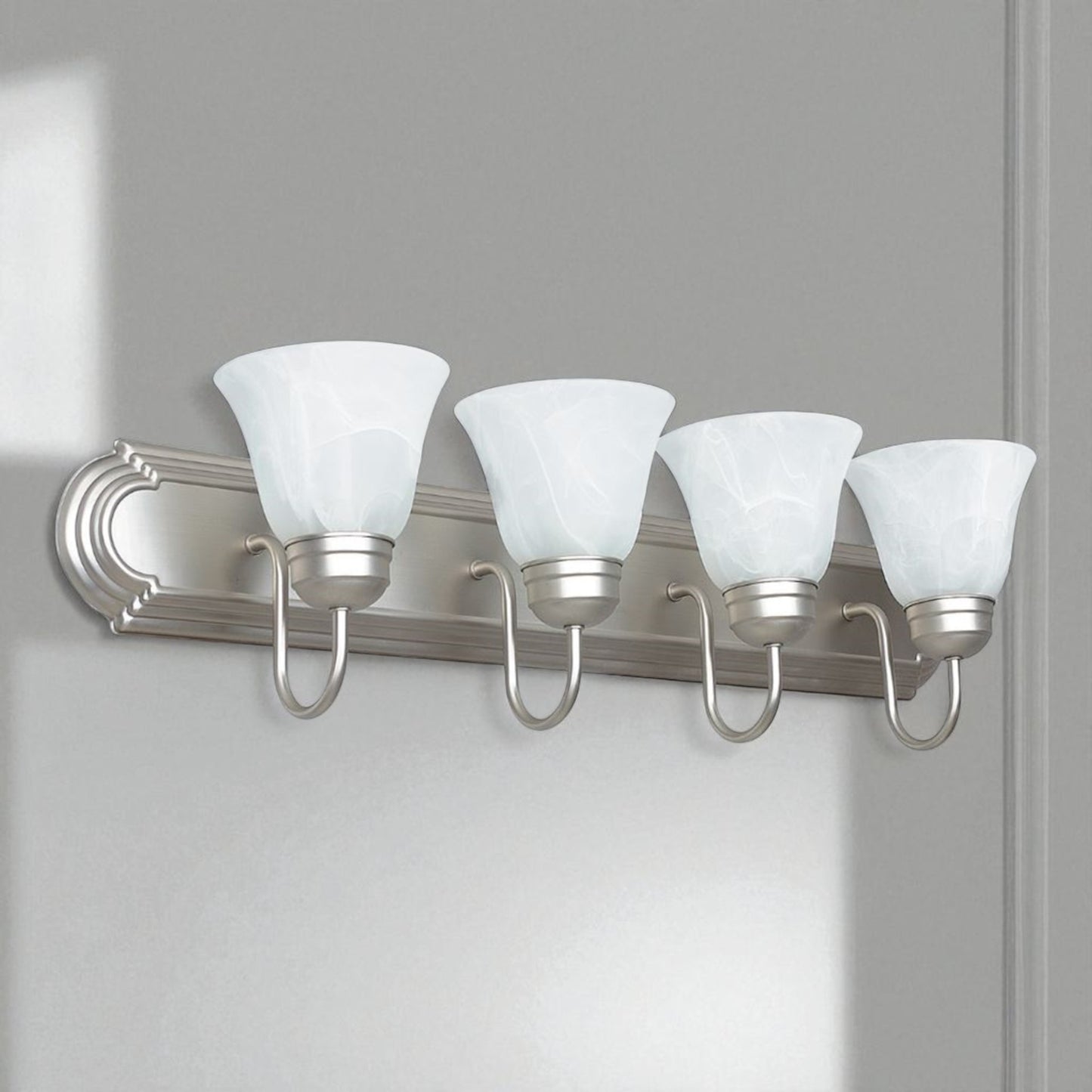 Sunset Lighting F3564-53 Four Light Bath Vanity, Satin Nickel Finish with Faux Alabaster Glass