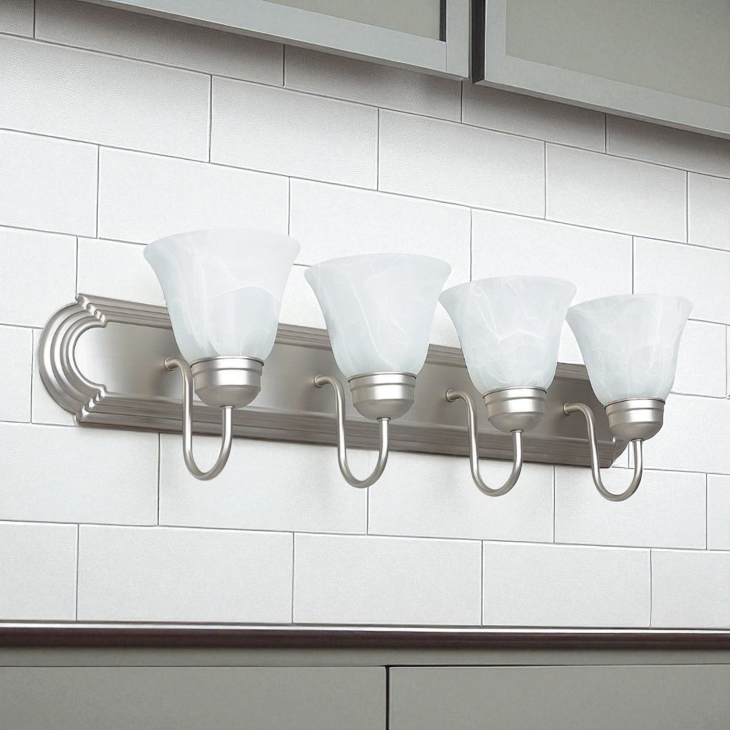 Sunset Lighting F3564-53 Four Light Bath Vanity, Satin Nickel Finish with Faux Alabaster Glass