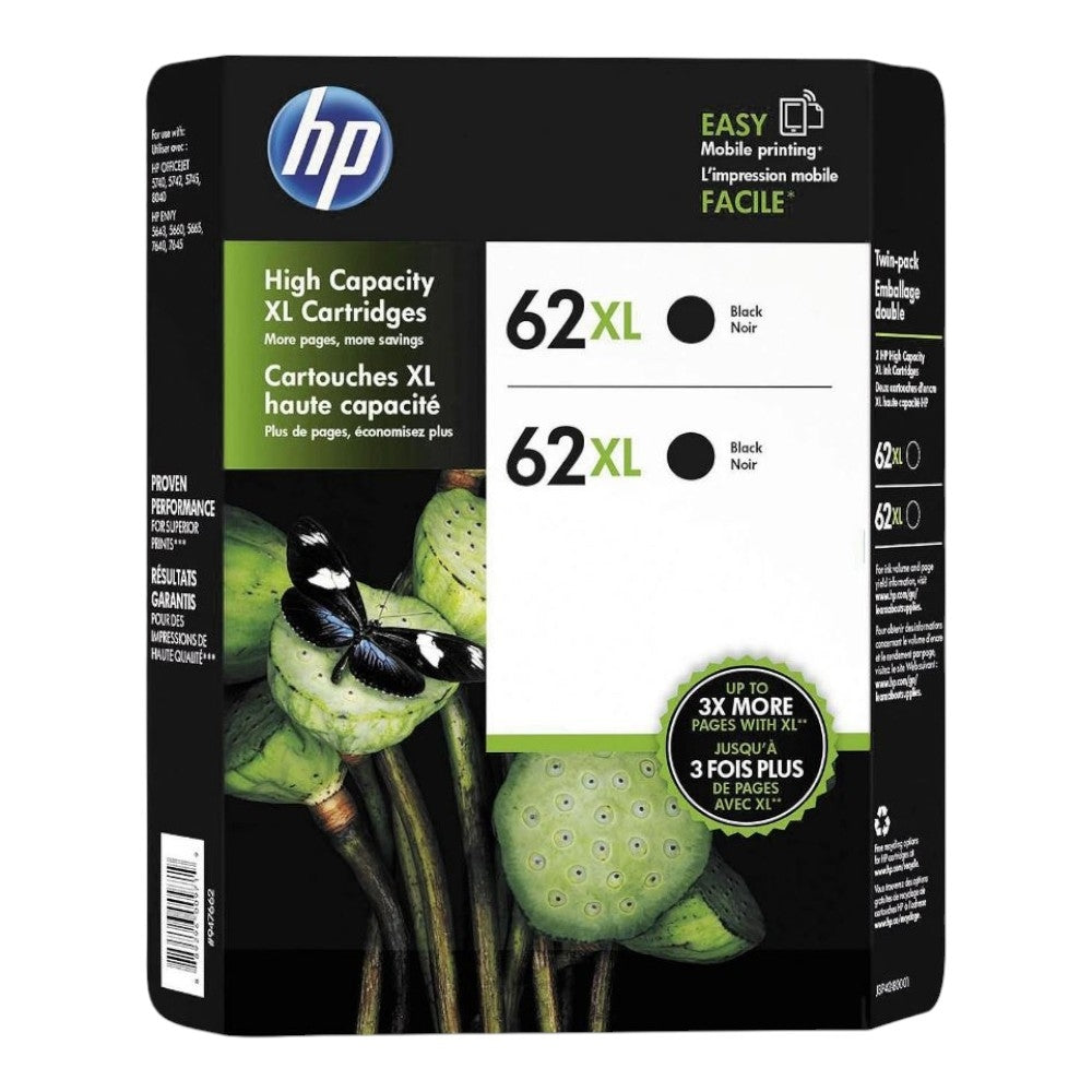 HP J3P42BN 62XL High Yield Original Ink Cartridge, Black, 2 Pack, 600 Page Yield