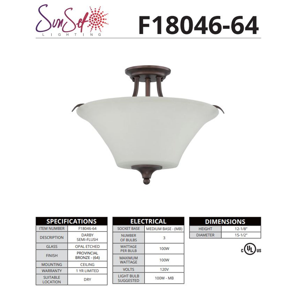 LUMINANCE Semi Flush Mount Darby 3-Light 100W Provincial Bronze F18046-64