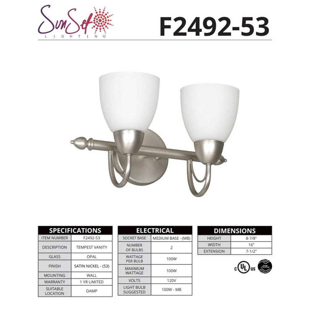 Sunset Lighting 16" 2-Light Vanity Opal Glass, Satin Nickel Finish F2492-53