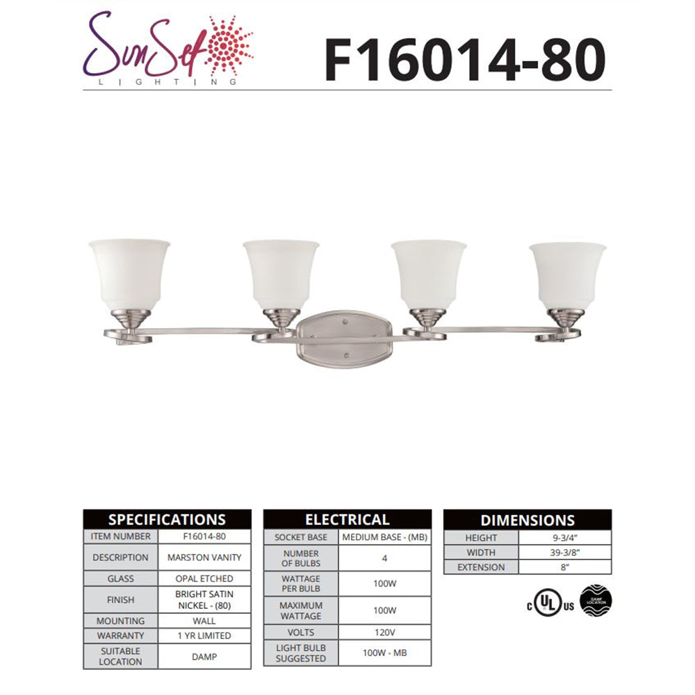 Marston Four Light Vanity in Bright Satin Nickel F16014-80