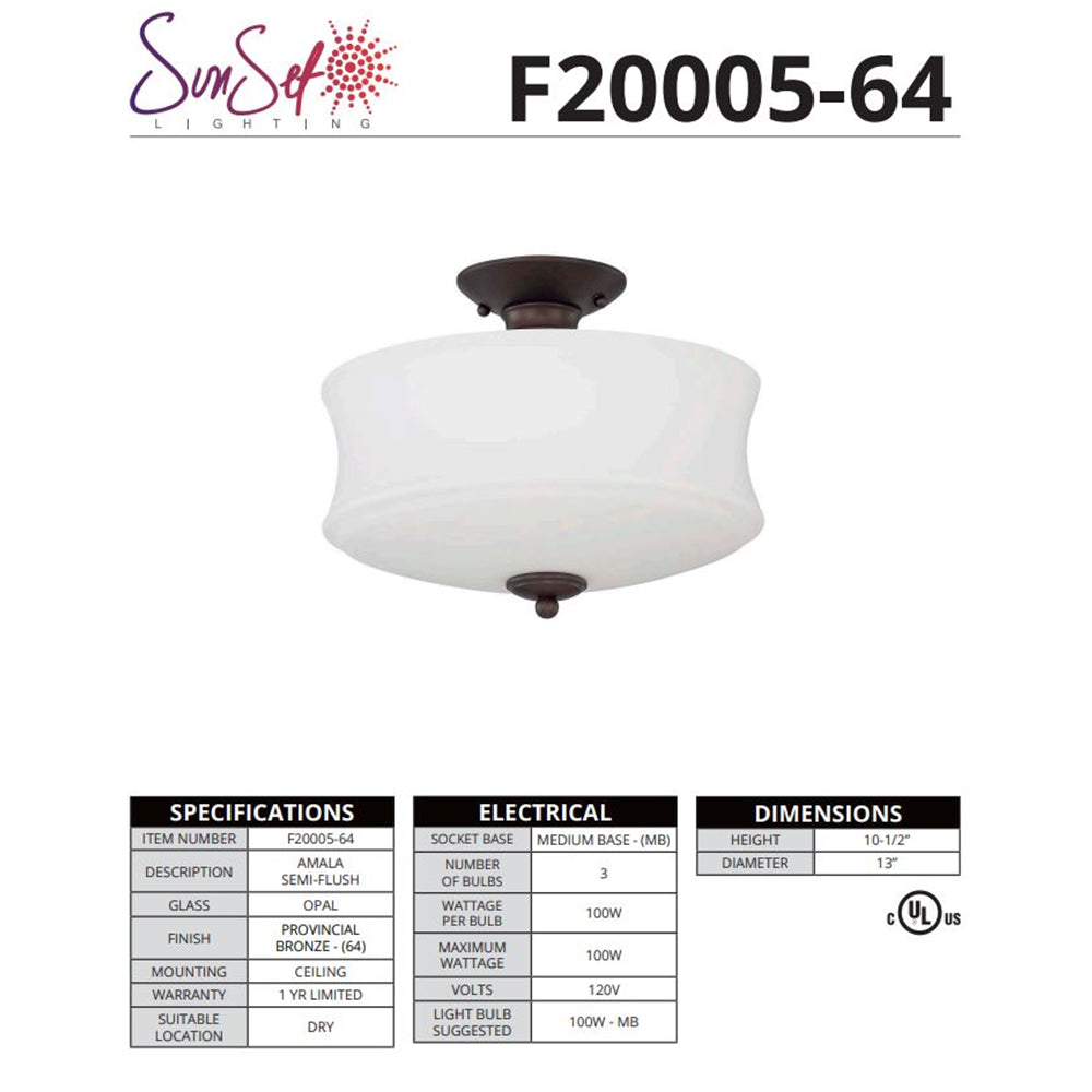 Sunset Semi Flush Mount Amala 3-Light 100W Provincial Bronze - F20005-64