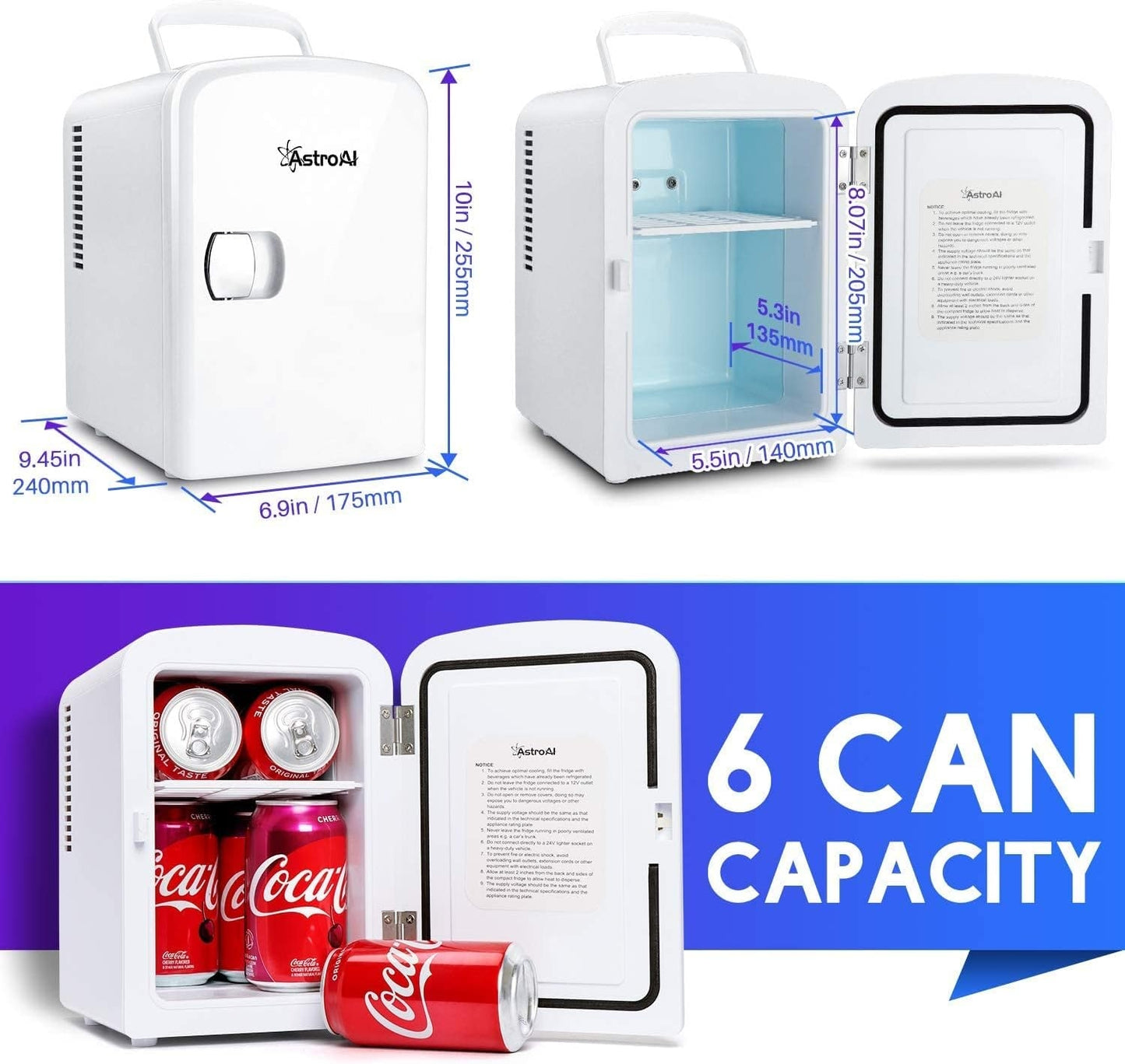 AstroAI Mini Fridge Portable AC/DC Powered Thermoelectric System Cooler 4 Liter/6 Can White ASIM040W