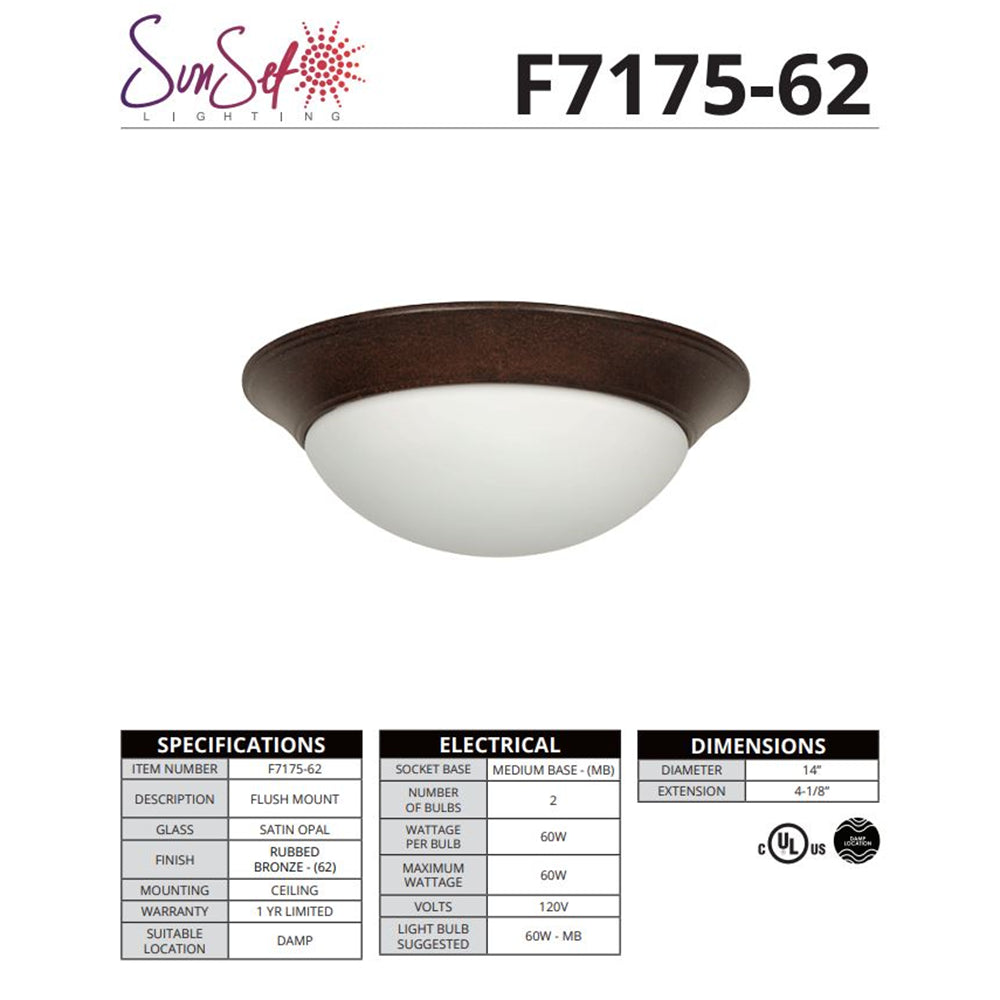 Sunset Lighting 2-Light 60W Satin Opal Glass Flush Mount Rubbed Bronze Twist-On - F7175-62