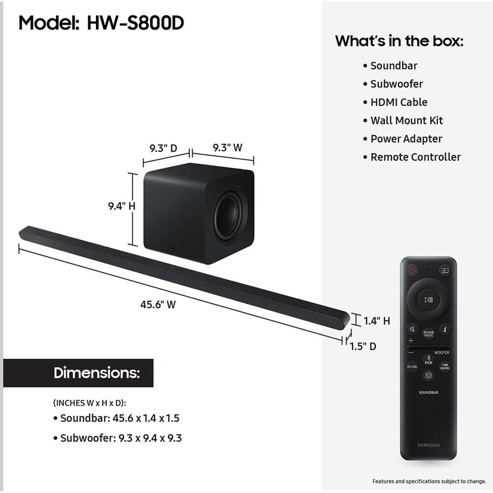 Samsung HW-S800D 3.1.2 Ch Q-Series Ultra Slim Soundbar System Dolby Atmos HW-S800D/ZA