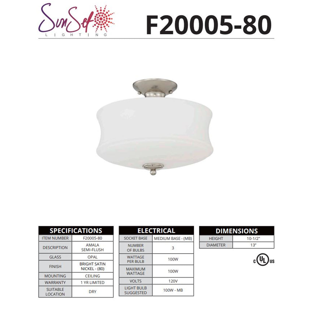 Sunset Lighting 3-Light 100W Mb Amala Semi-Flush Bright Satin Nickel F20005-80