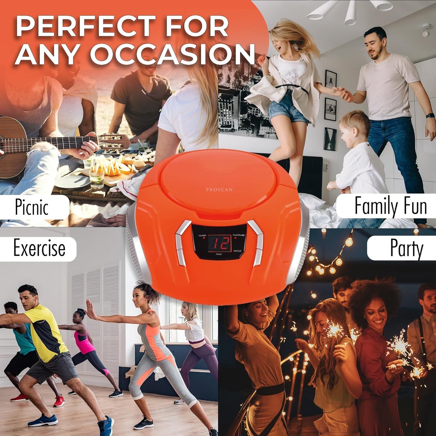 Proscan Portable CD Boombox with AM/FM Radio and AUX Orange PRCD261-ORANGE