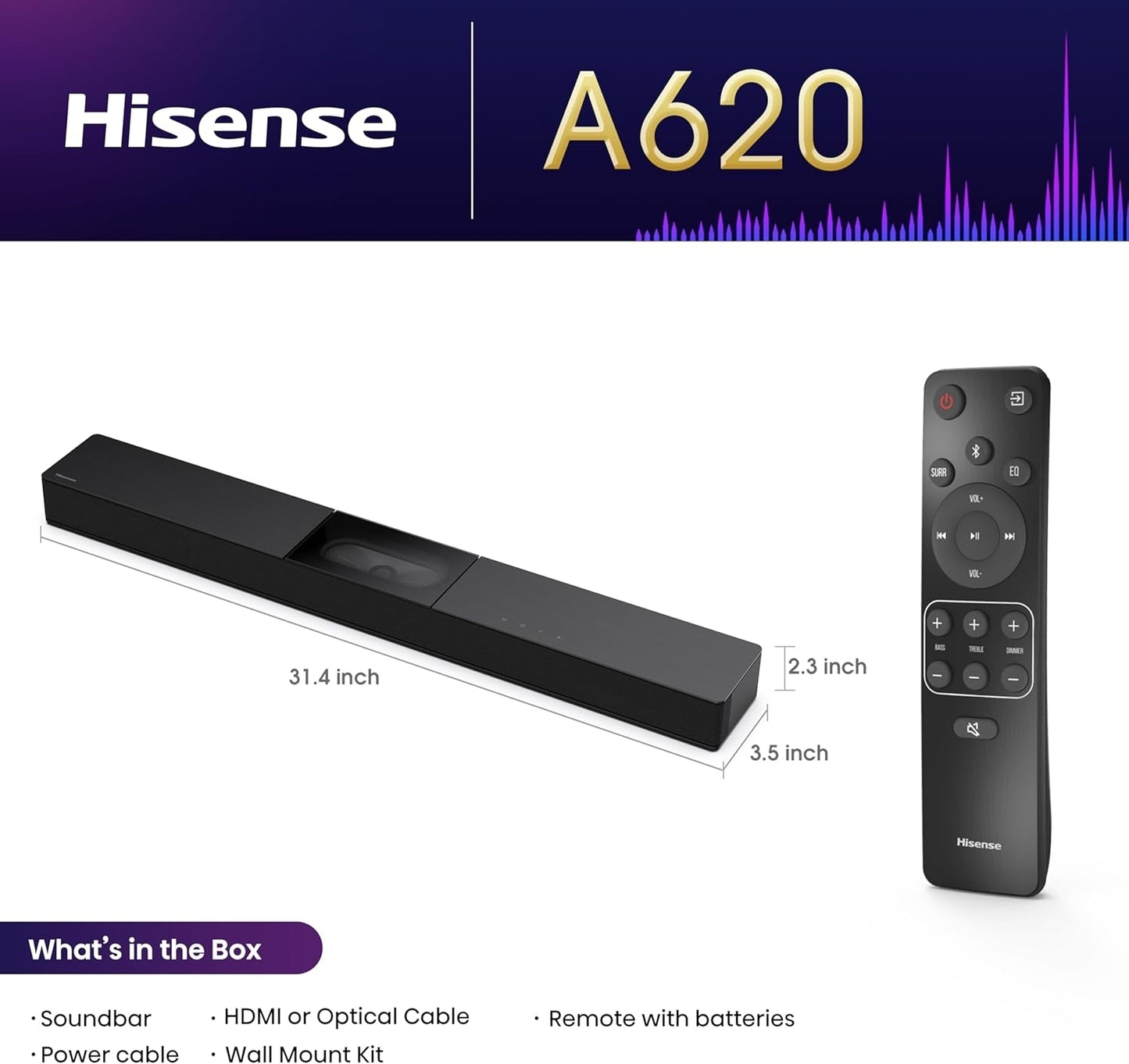 Hisense A620 2.1 Channel 240W Soundbar with Built-in Subwoofer Black