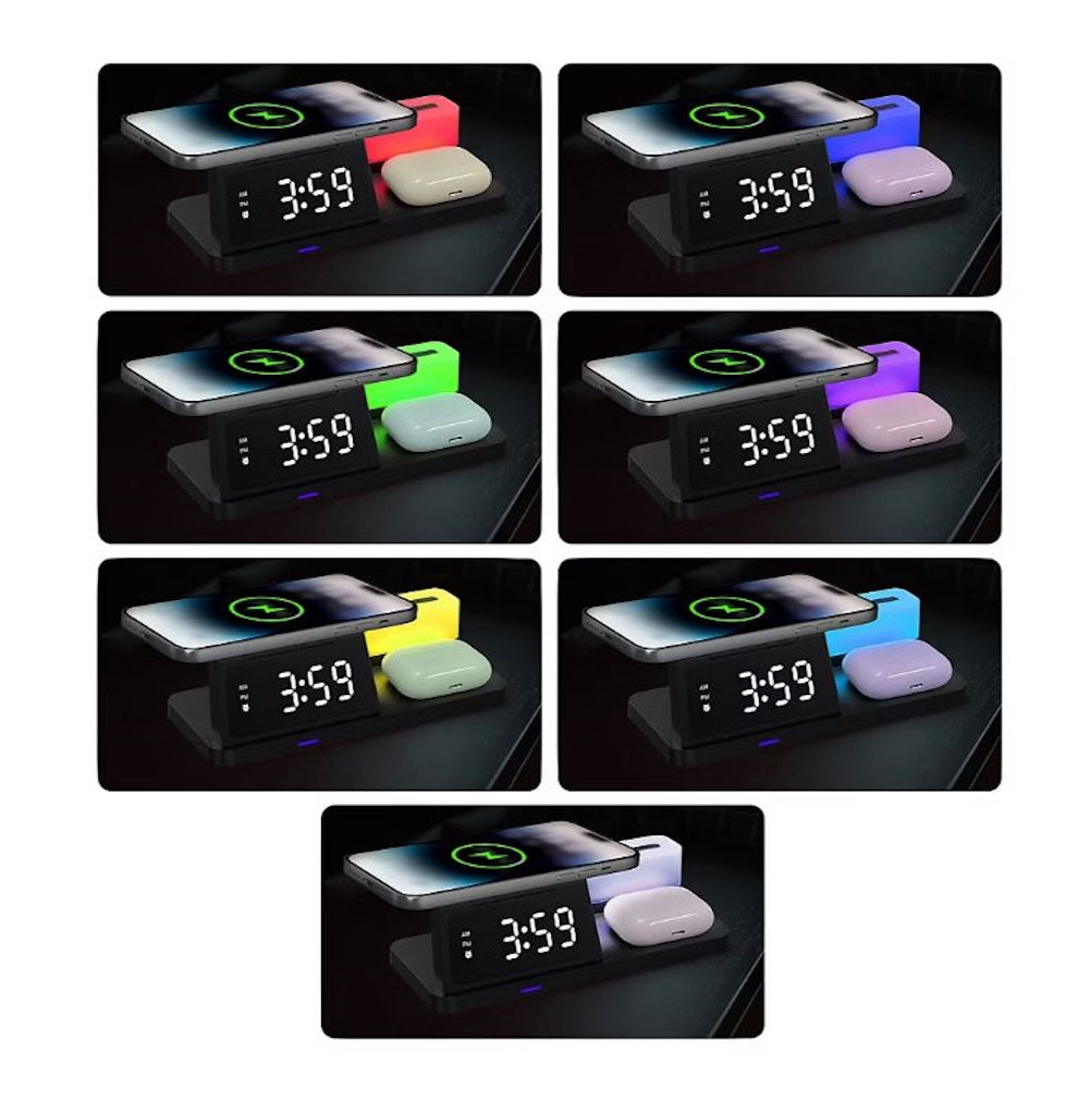 Smartpoint Wireless Charging Alarm Clock with Night Light, Smart Watch and Earbuds Charging Stations SPWLSCHACNL2